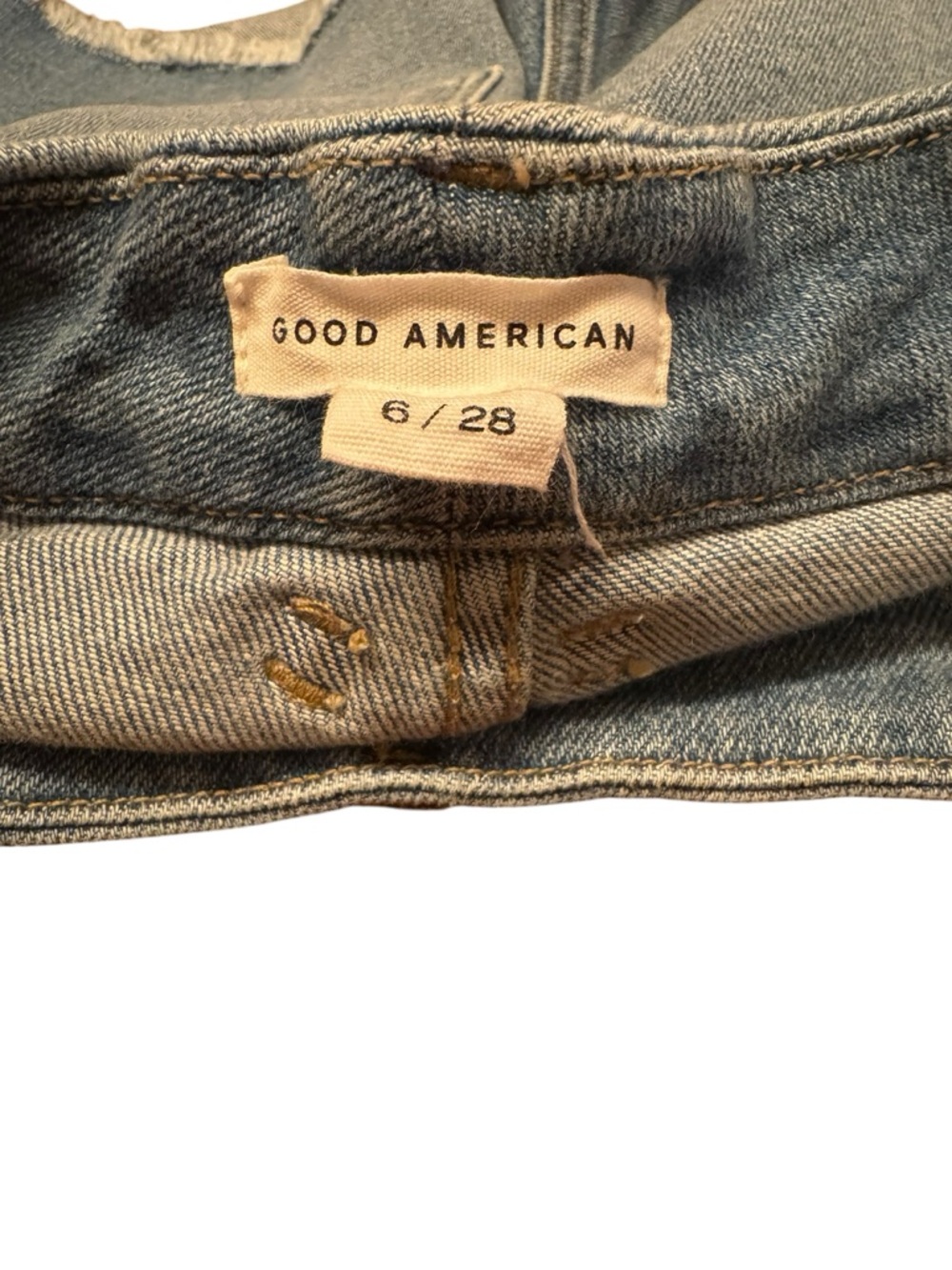 Good American Good Curve High Waist Light Blue Distressed High-Rise Denim Shorts - Picture 6 of 8